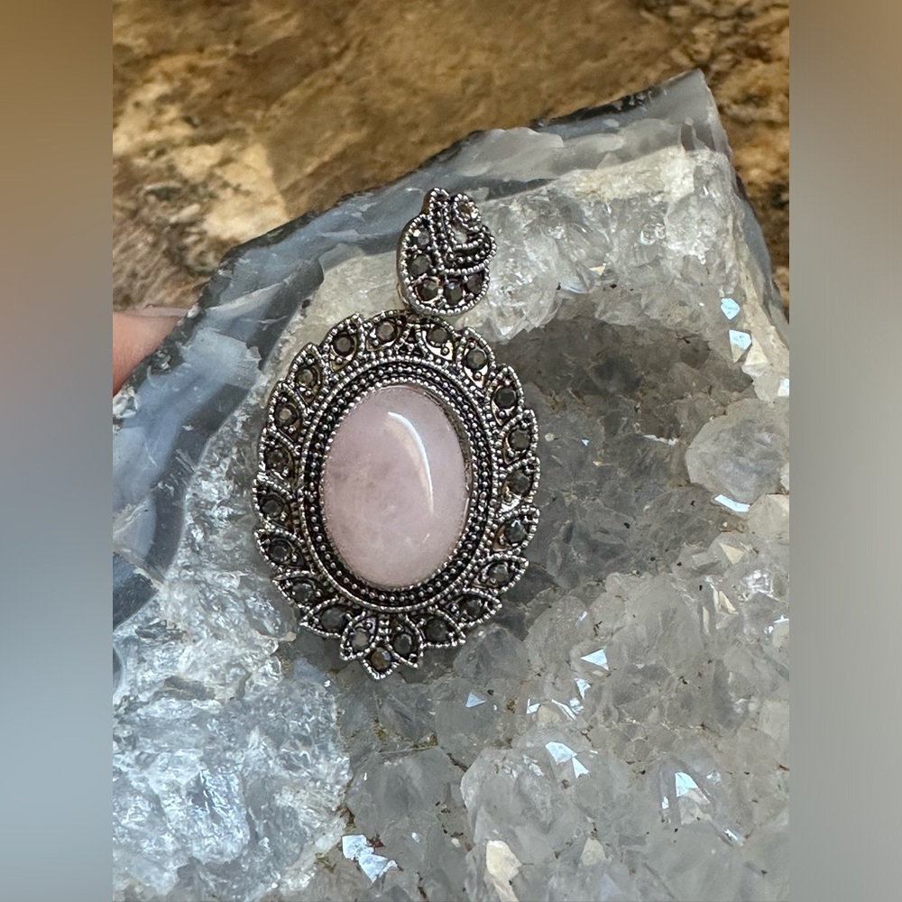 Silver Marcasite Rose Quartz Stone Pendant